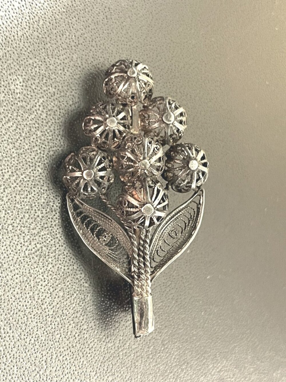 Antique Cannetille Silver Filigree Flower Bouquet Brooch Etruscan Pin C-Clasp